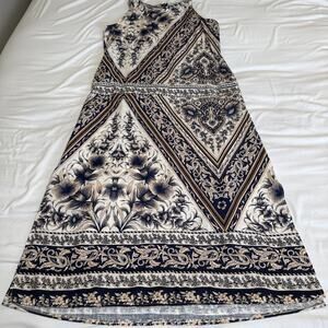 Francesca Bettini Linen Blend Maxi Dress L Blue Nuetral Floral Stripe Italy NWT